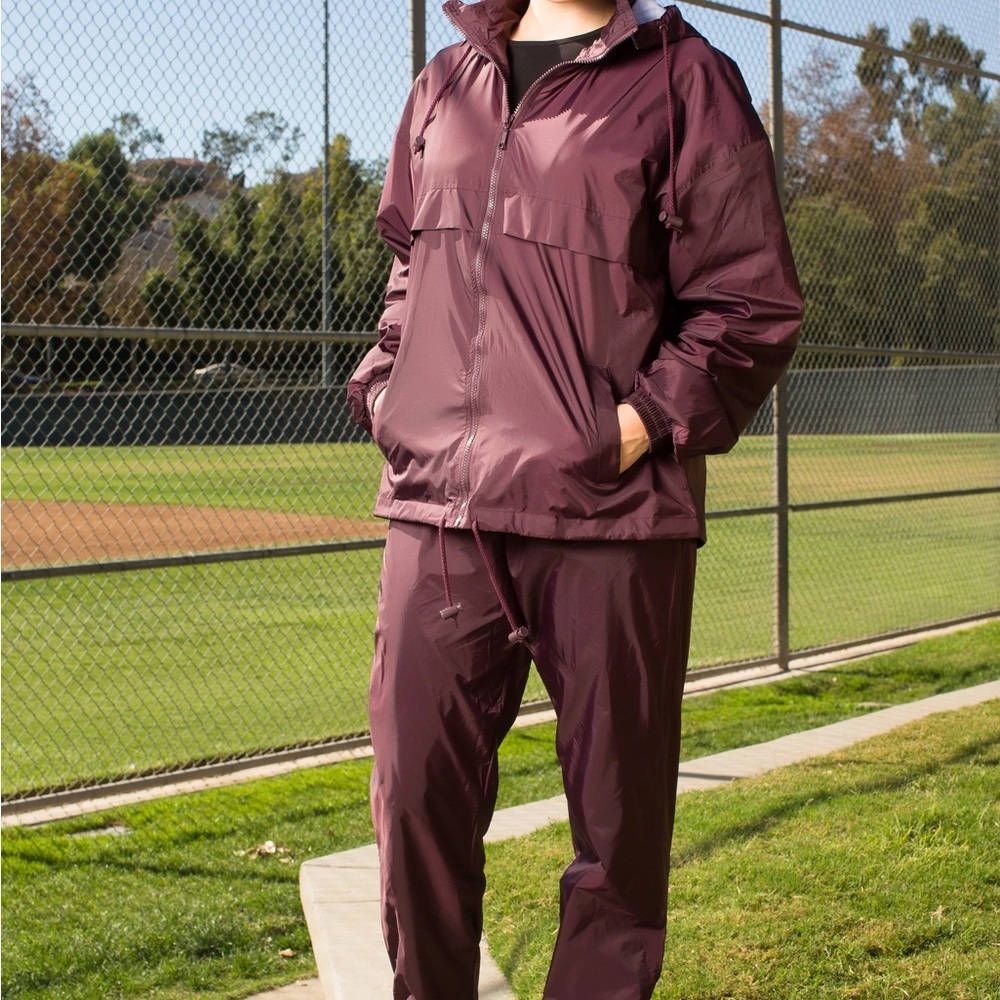 VOSSports Unisex Full Zipper Taffeta Nylon Tracksuit Set - Burgundy Size 3XL.